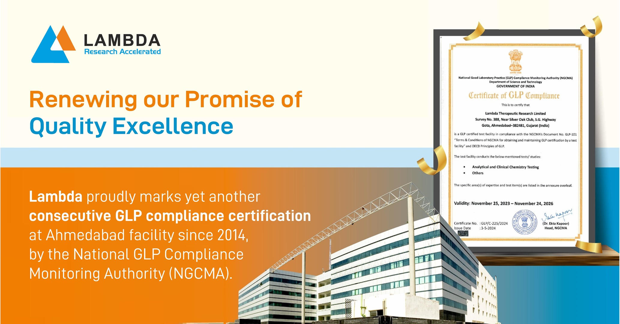 Read more about the article Lambda Ahmedabad Facility Achieves Consecutive GLP Compliance Certification